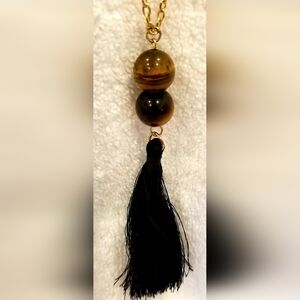 Gold Chain Necklace With 2 Tiger's Eye Beads And Black Tassel 34" Long.